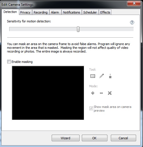 Configurações de detecção de movimento no Security Eye